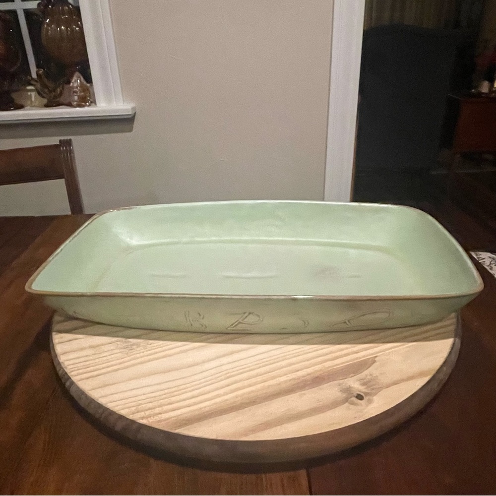 Frankoma Serving Platter 17” 94P Wagon Wheel Prairie Green Large Clay Tray Dish